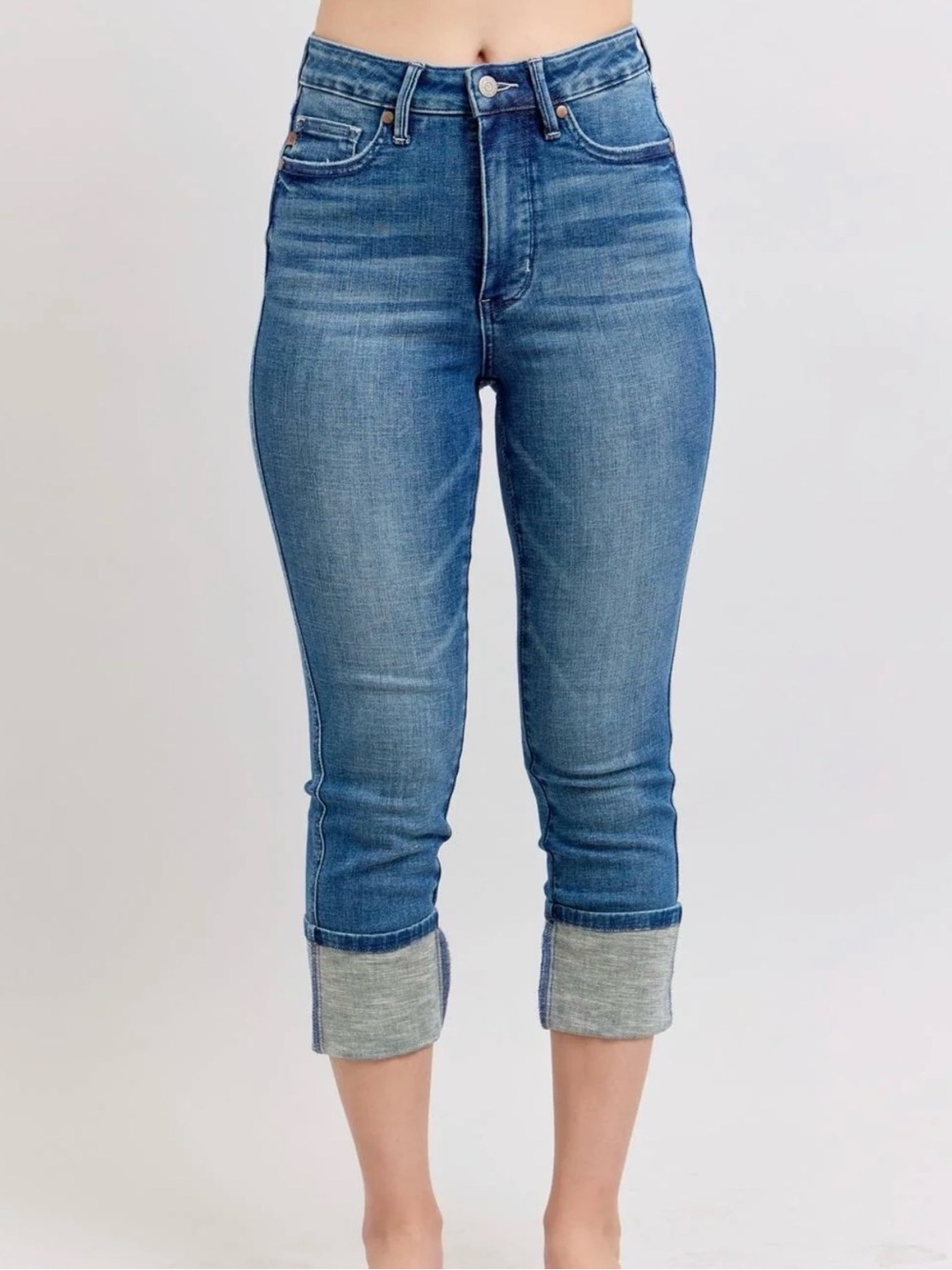 Judy Blue High Waist Tummy Control Back Shield Pockets & Cuff Capri Denim Jeans